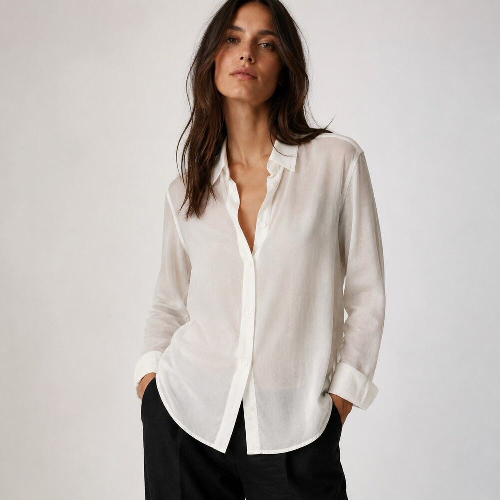 rag & bone Shirt Medium White Sheer Voile Button Up Boxy Long Sleeve Minimalist - Picture 12 of 12